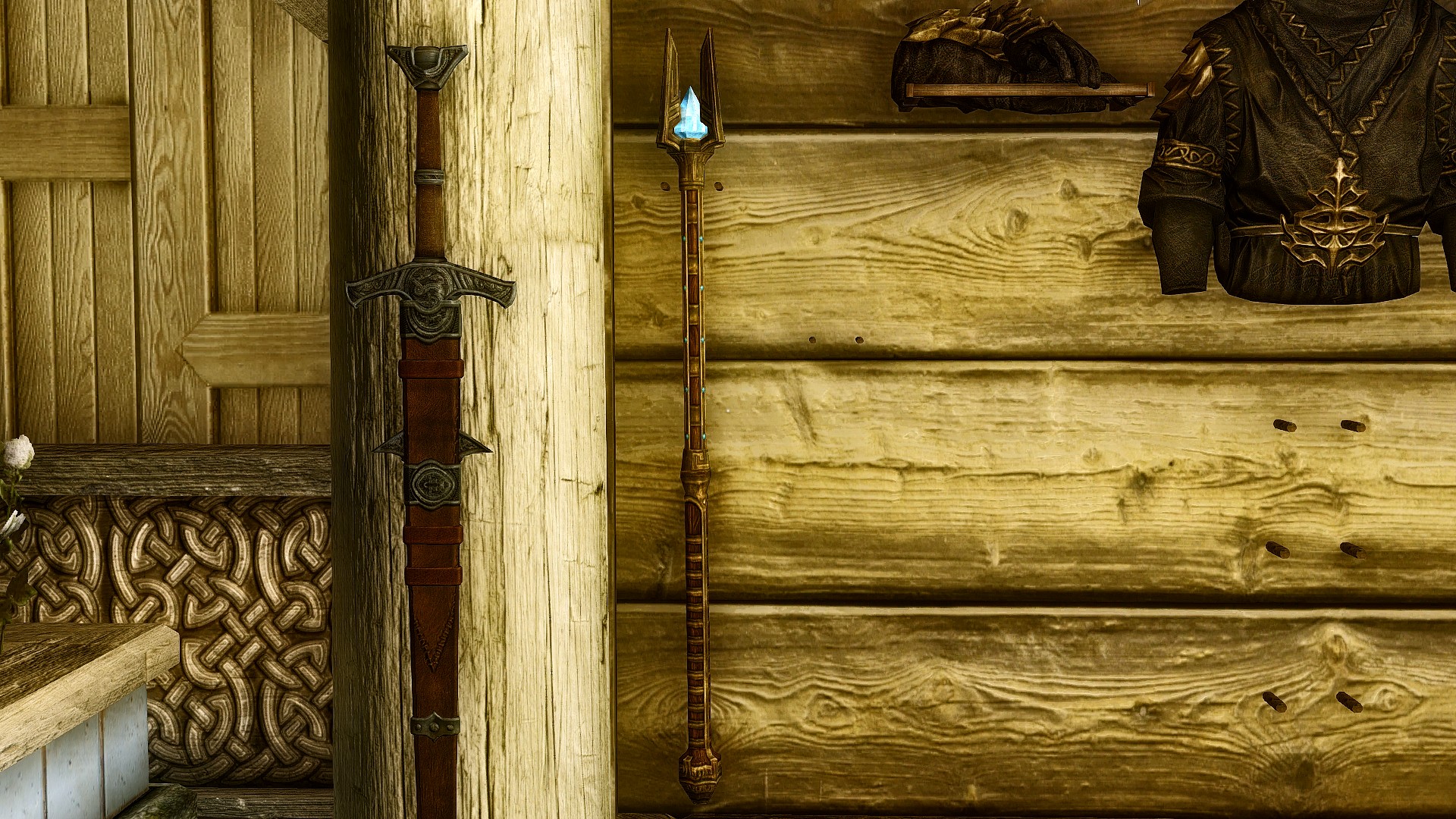 Aetherial Staff - with modified aMidianBorn Book of Silence textures, mounted on a rack.